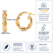 14K Solid Yellow Gold 15mm Twisted Hoop Earrings, Circle Twisted Hoop Earrings, Gold Twisted Hoop Earrings, Hinged Clasp Hoop Earrings, Gold Hoop Earrings, Round Twisted Hoop Earrings